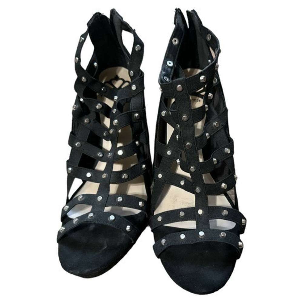 Fergalicious, no size written, fits size 9.5, black silver studded heels, zip